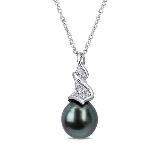 9.0-9.5mm Baroque Black Cultured Tahitian Pearl and 0.1 CT. T.W. Natural Diamond Swirl Pendant in Sterling Silver