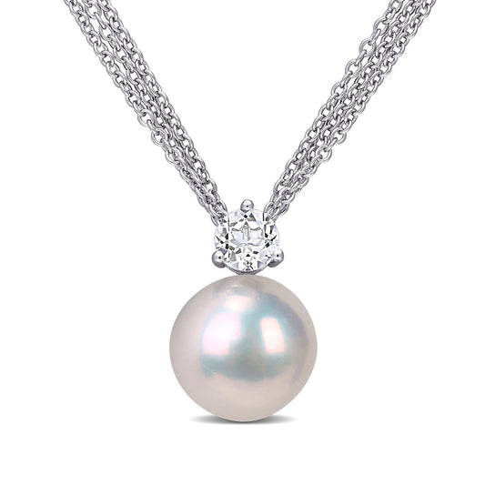11.0-12.0mm Cultured Freshwater Pearl and 5.0mm White Topaz Triple Strand Pendant in Sterling Silver