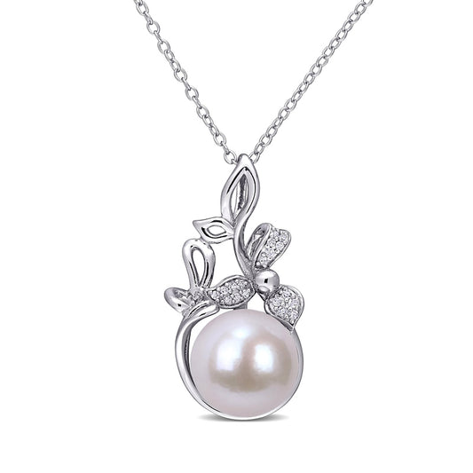 11.0-12.0mm Cultured Freshwater Pearl and 0.07 CT. T.W. Natural Diamond Flower Pendant in Sterling Silver