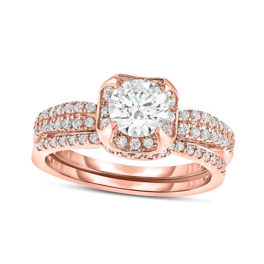 0.75 CT. T.W. Natural Diamond Cushion Frame Double Row Bridal Engagement Ring Set in Solid 14K Rose Gold