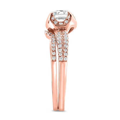 0.75 CT. T.W. Natural Diamond Cushion Frame Double Row Bridal Engagement Ring Set in Solid 14K Rose Gold