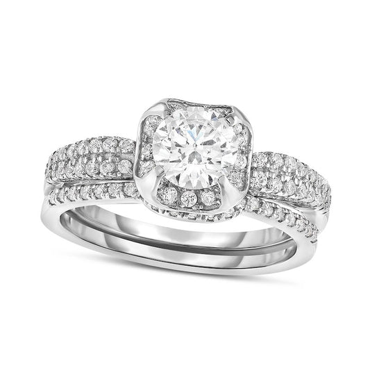 0.75 CT. T.W. Natural Diamond Cushion Frame Double Row Bridal Engagement Ring Set in Solid 14K White Gold