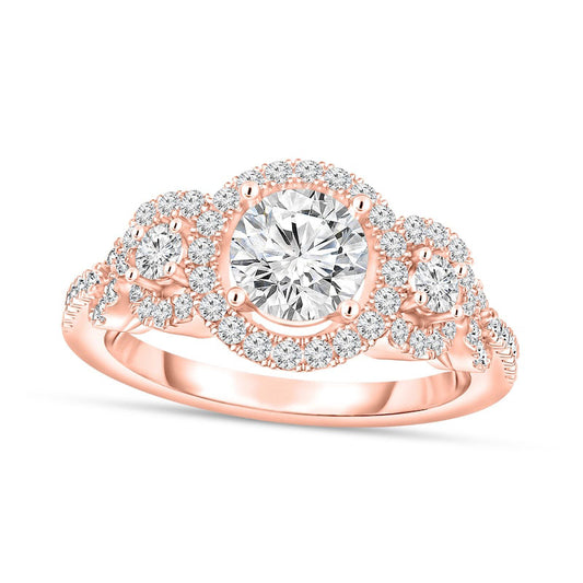 1.38 CT. T.W. Natural Diamond Three Stone Frame Engagement Ring in Solid 14K Rose Gold