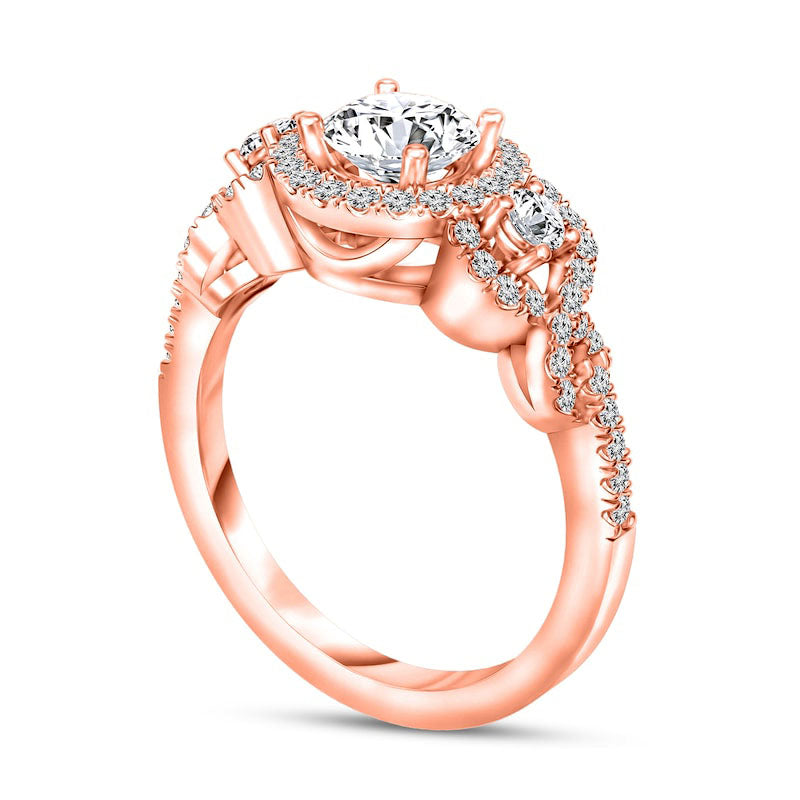 1.38 CT. T.W. Natural Diamond Three Stone Frame Engagement Ring in Solid 14K Rose Gold