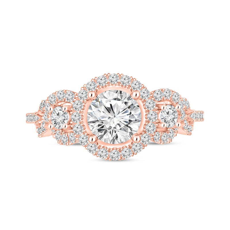 1.38 CT. T.W. Natural Diamond Three Stone Frame Engagement Ring in Solid 14K Rose Gold