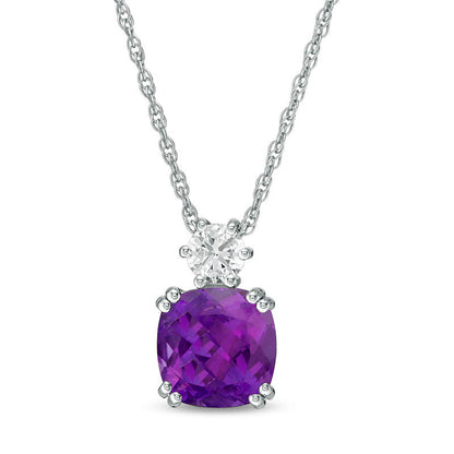 8.0mm Cushion-Cut Amethyst and Lab-Created White Sapphire Pendant in Sterling Silver