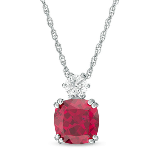 8.0mm Cushion-Cut Lab-Created Ruby and White Sapphire Pendant in Sterling Silver