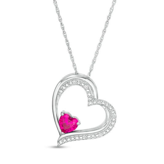 5.0mm Heart-Shaped Lab-Created Ruby and Diamond Accent Tilted Heart Pendant in Sterling Silver