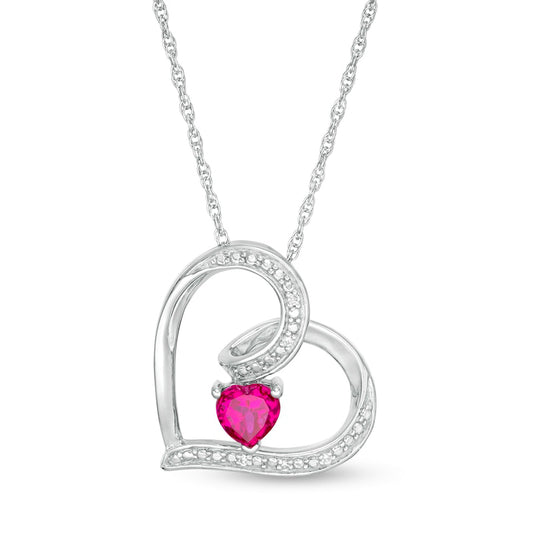 5.0mm Lab-Created Ruby and Diamond Accent Tilted Heart Pendant in Sterling Silver
