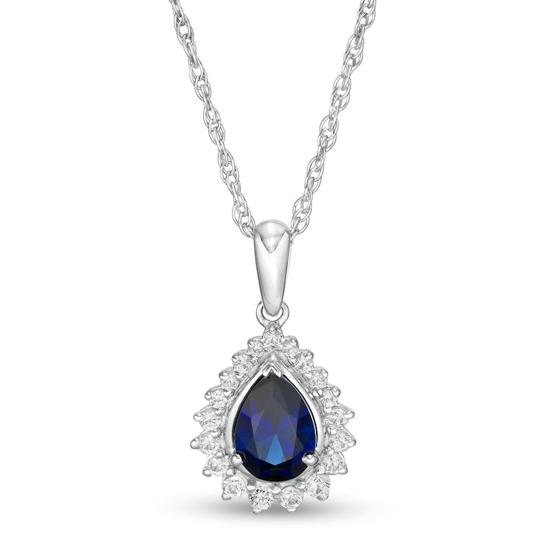 Pear-Shaped Lab-Created Blue and White Sapphire Shadow Frame Pendant in Sterling Silver
