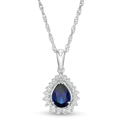 Pear-Shaped Lab-Created Blue and White Sapphire Shadow Frame Pendant in Sterling Silver