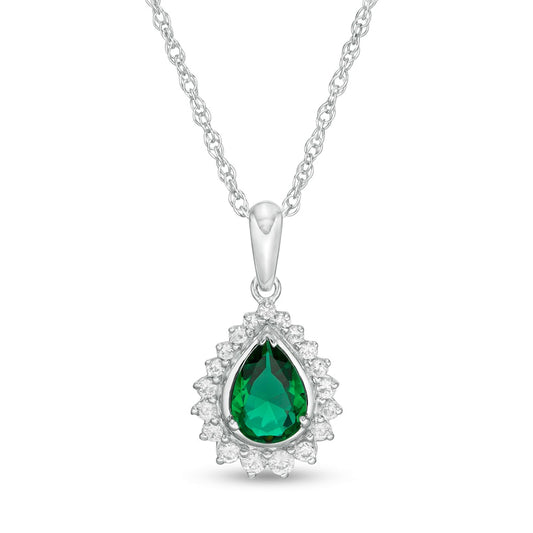 Pear-Shaped Lab-Created Emerald and White Sapphire Shadow Frame Pendant in Sterling Silver