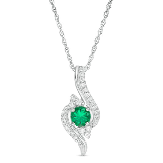 5.0mm Lab-Created Emerald and White Sapphire Tri-Sides Bypass Pendant in Sterling Silver