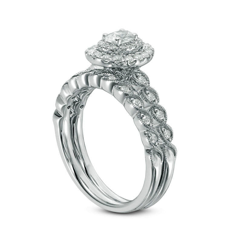 0.75 CT. T.W. Oval Natural Diamond Double Frame Twist Antique Vintage-Style Bridal Engagement Ring Set in Solid 14K White Gold