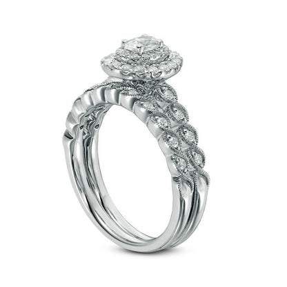0.75 CT. T.W. Oval Natural Diamond Double Frame Twist Antique Vintage-Style Bridal Engagement Ring Set in Solid 14K White Gold