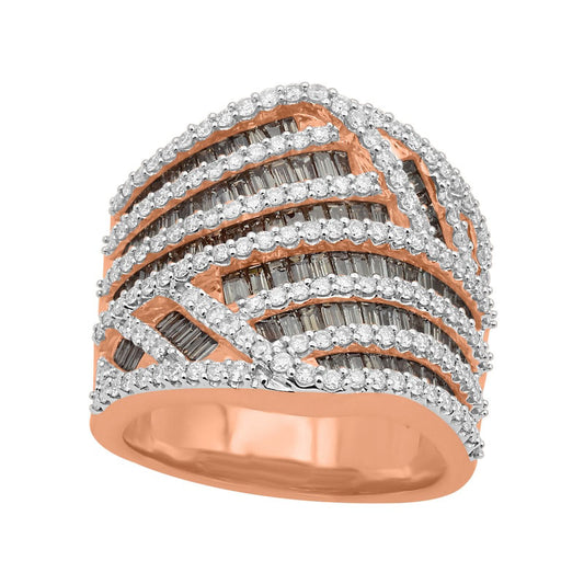 2.5 CT. T.W. Champagne and White Natural Diamond Layered Multi-Row Ring in Solid 10K Rose Gold