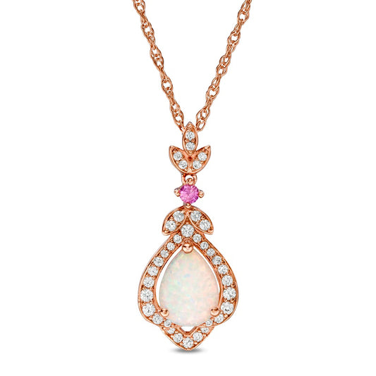 Pear-Shaped Lab-Created Opal, Pink and White Sapphire Lotus Drop Pendant in Sterling Silver with 14K Rose Gold Plate