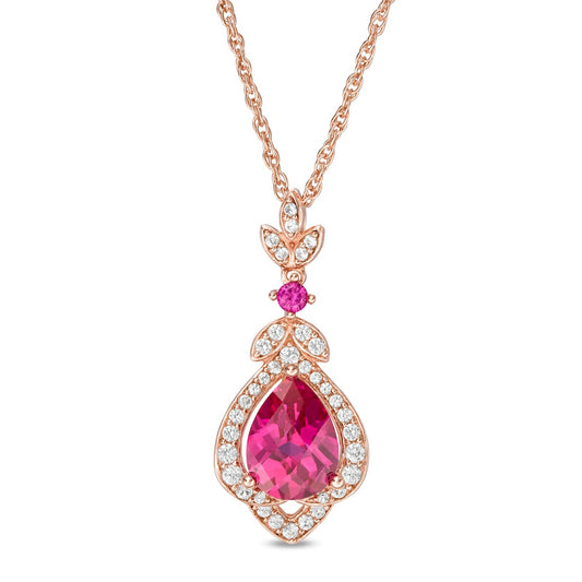 Pear-Shaped Lab-Created Ruby and White Sapphire Lotus Drop Pendant in Sterling Silver with 14K Rose Gold Plate