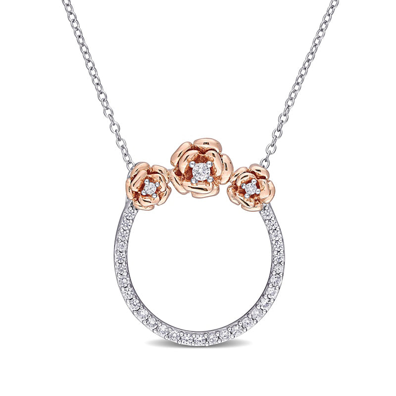 Lab-Created White Sapphire Flower Trio Circle Necklace in Sterling Silver and Rose Rhodium
