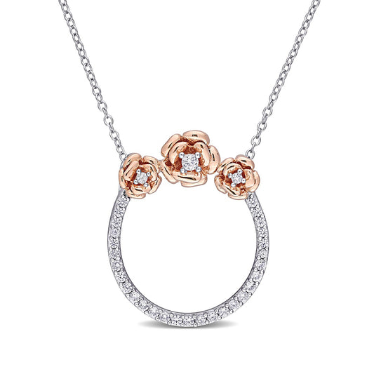 Lab-Created White Sapphire Flower Trio Circle Necklace in Sterling Silver and Rose Rhodium