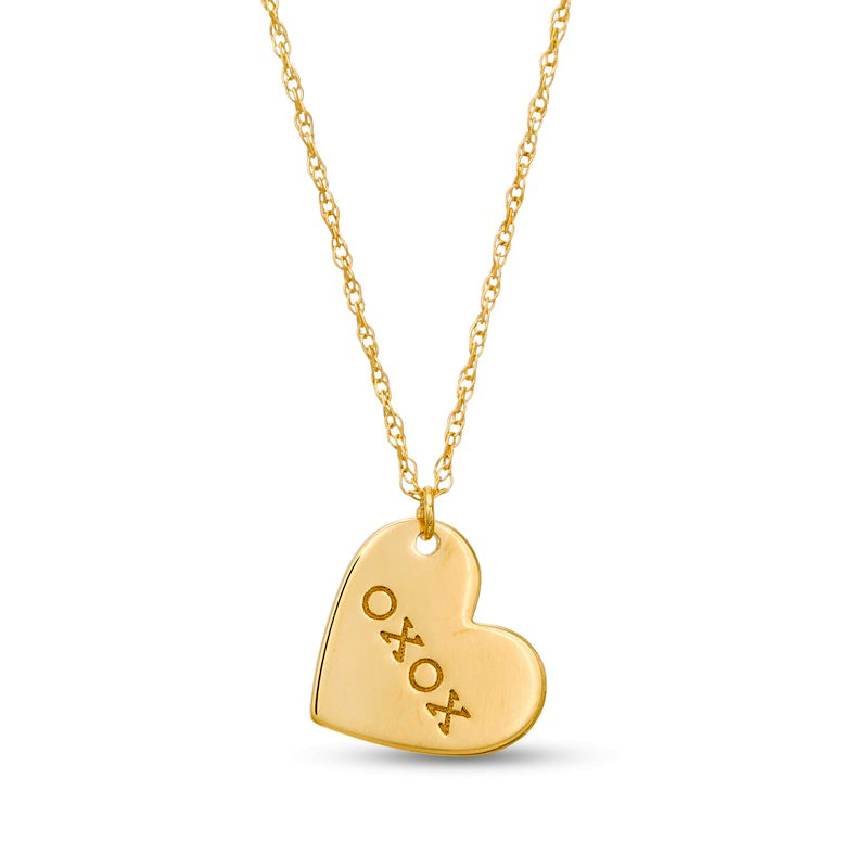 Etched "XOXO" Tilted Heart Pendant in 14K Gold