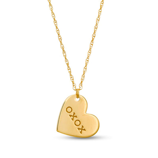 Etched "XOXO" Tilted Heart Pendant in 14K Gold