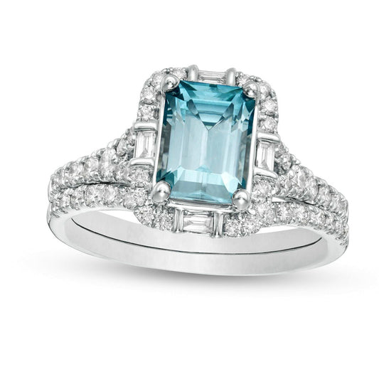 Emerald-Cut Blue Zircon and 0.75 CT. T.W. Natural Diamond Frame Bridal Engagement Ring Set in Solid 10K White Gold