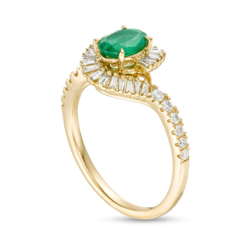 Oval Emerald and 0.38 CT. T.W. Natural Diamond Frame Bypass Ring in Solid 10K Yellow Gold