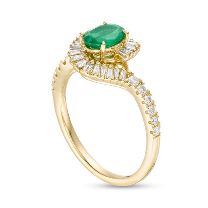 Oval Emerald and 0.38 CT. T.W. Natural Diamond Frame Bypass Ring in Solid 10K Yellow Gold