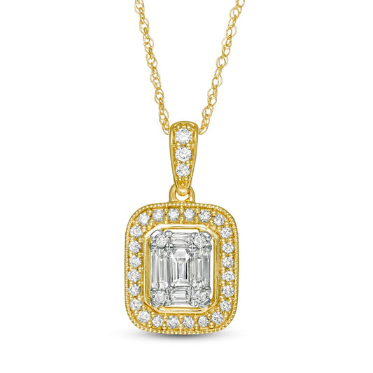 0.33 CT. T.W. Baguette and Round Natural Diamond Cushion Frame Antique Vintage-Style Pendant in 10K Yellow Gold