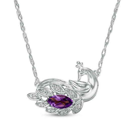Marquise Amethyst and Natural Diamond Accent Peacock Necklace in Sterling Silver
