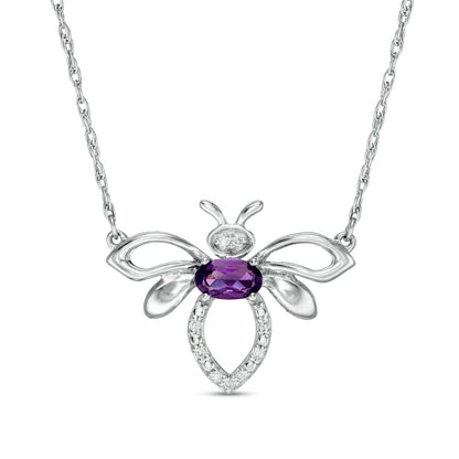 Oval Amethyst and Natural Diamond Accent Bumblebee Necklace in Sterling Silver