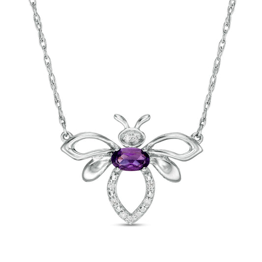 Oval Amethyst and Natural Diamond Accent Bumblebee Necklace in Sterling Silver