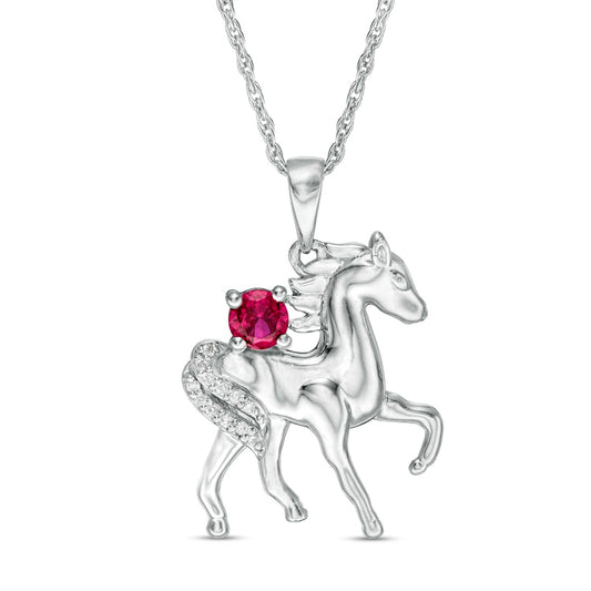 Lab-Created Ruby and Diamond Accent Prancing Horse Pendant in Sterling Silver