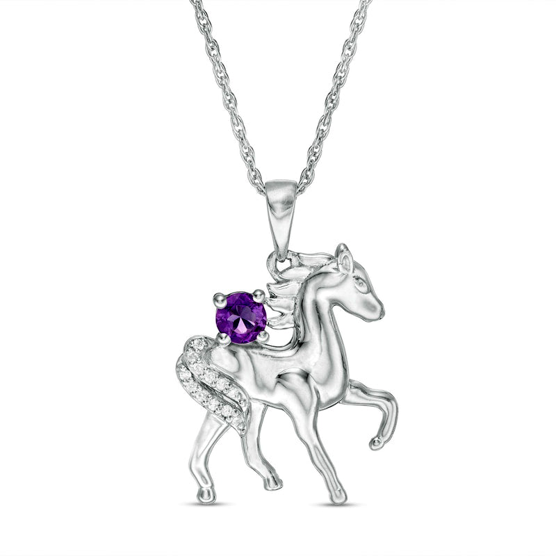 Amethyst and Natural Diamond Accent Prancing Horse Pendant in Sterling Silver