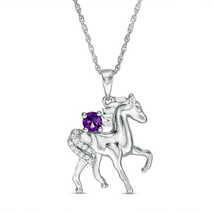 Amethyst and Natural Diamond Accent Prancing Horse Pendant in Sterling Silver