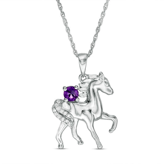 Amethyst and Natural Diamond Accent Prancing Horse Pendant in Sterling Silver