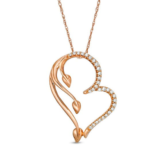 0.13 CT. T.W. Natural Diamond Tilted Heart and Leaf Pendant in 10K Rose Gold