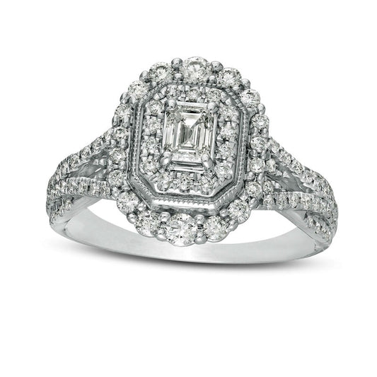 1.0 CT. T.W. Emerald-Cut Natural Diamond Double Octagonal Frame Split Shank Antique Vintage-Style Engagement Ring in Solid 14K White Gold