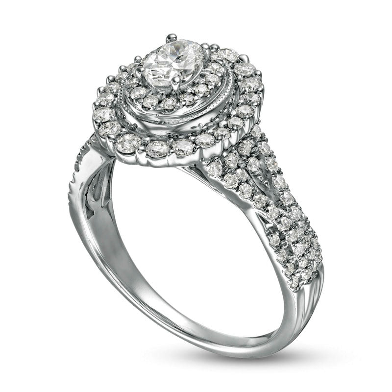 1.0 CT. T.W. Oval Natural Diamond Double Frame Split Shank Antique Vintage-Style Engagement Ring in Solid 14K White Gold