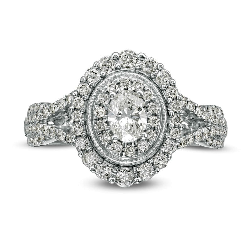 1.0 CT. T.W. Oval Natural Diamond Double Frame Split Shank Antique Vintage-Style Engagement Ring in Solid 14K White Gold