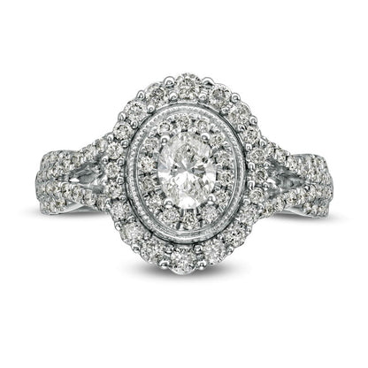 1.0 CT. T.W. Oval Natural Diamond Double Frame Split Shank Antique Vintage-Style Engagement Ring in Solid 14K White Gold