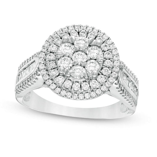 1.0 CT. T.W. Baguette and Round Natural Diamond Double Frame Multi-Row Engagement Ring in Solid 10K White Gold