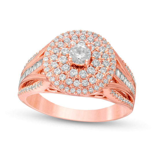 1.0 CT. T.W. Baguette and Round Composite Natural Diamond Frame Multi-Row Engagement Ring in Solid 10K Rose Gold
