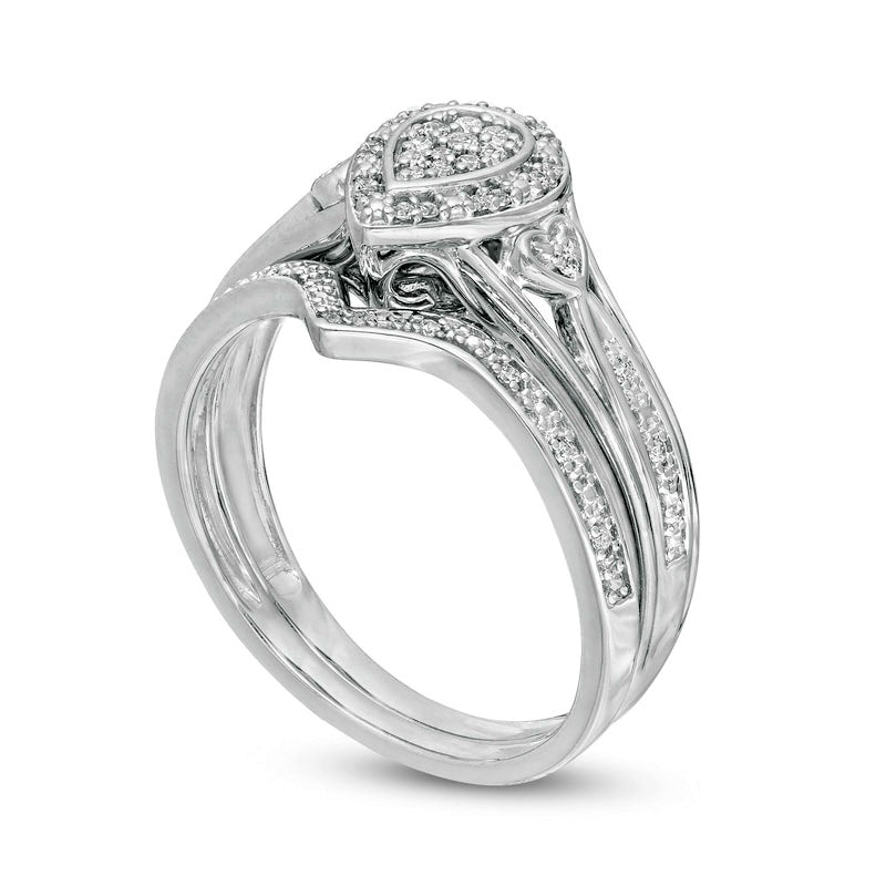 0.17 CT. T.W. Composite Natural Diamond Pear-Shaped Frame Heart-Sides Bridal Engagement Ring Set in Sterling Silver