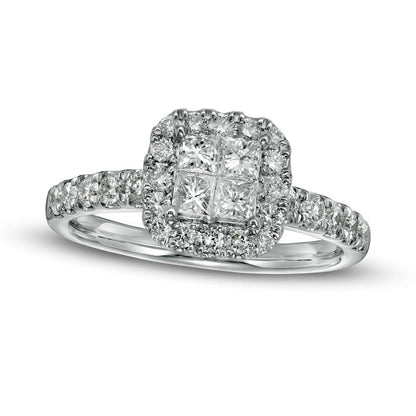 1.0 CT. T.W. Quad Princess-Cut Natural Diamond Frame Engagement Ring in Solid 14K White Gold