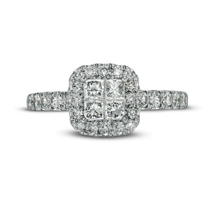 1.0 CT. T.W. Quad Princess-Cut Natural Diamond Frame Engagement Ring in Solid 14K White Gold
