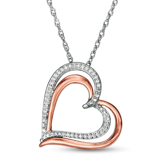 0.13 CT. T.W. Natural Diamond Double Tilted Heart Pendant in Sterling Silver and 10K Rose Gold