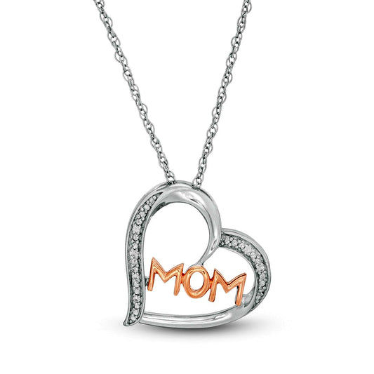 Natural Diamond Accent "MOM" Tilted Heart Pendant in Sterling Silver and 10K Rose Gold