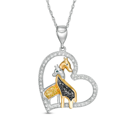 0.2 CT. T.W. Enhanced Multi-Color and White Natural Diamond Giraffes Heart Pendant in Sterling Silver and 14K Gold Plate